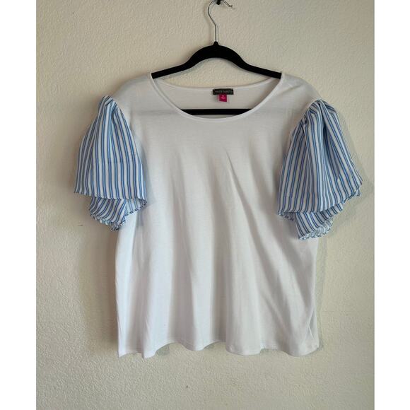 Vince Camuto Tulip Sleeve Mixed Media Blue White Relaxed Fit Top Size XL - Picture 4 of 9